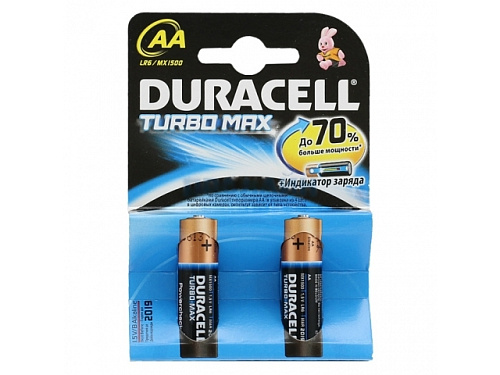 /Батарейка алкалиновая тип AA с индикатором заряда 1,5В 2шт Duracell Turbo Max LR6 MX1500 BL-2